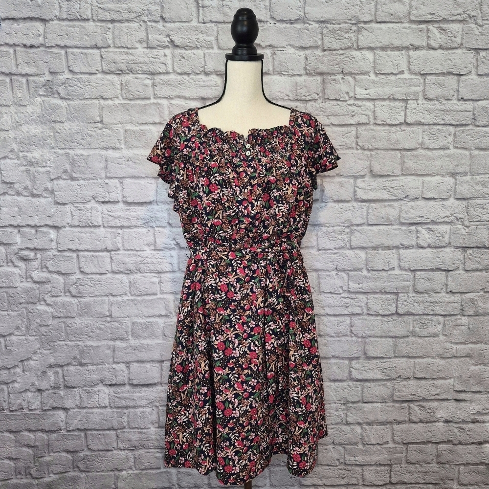 Draper James Dress Navy Floral Ruffle Sleeves Tie Belt Smocked Top Women's Sz XL - Picture 2 of 10